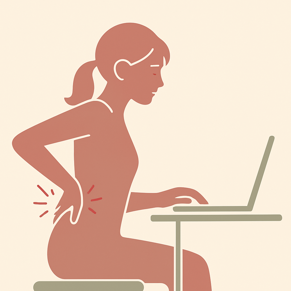 デスクワークの後、腰に手を当てて辛そうにしている女性のイラスト