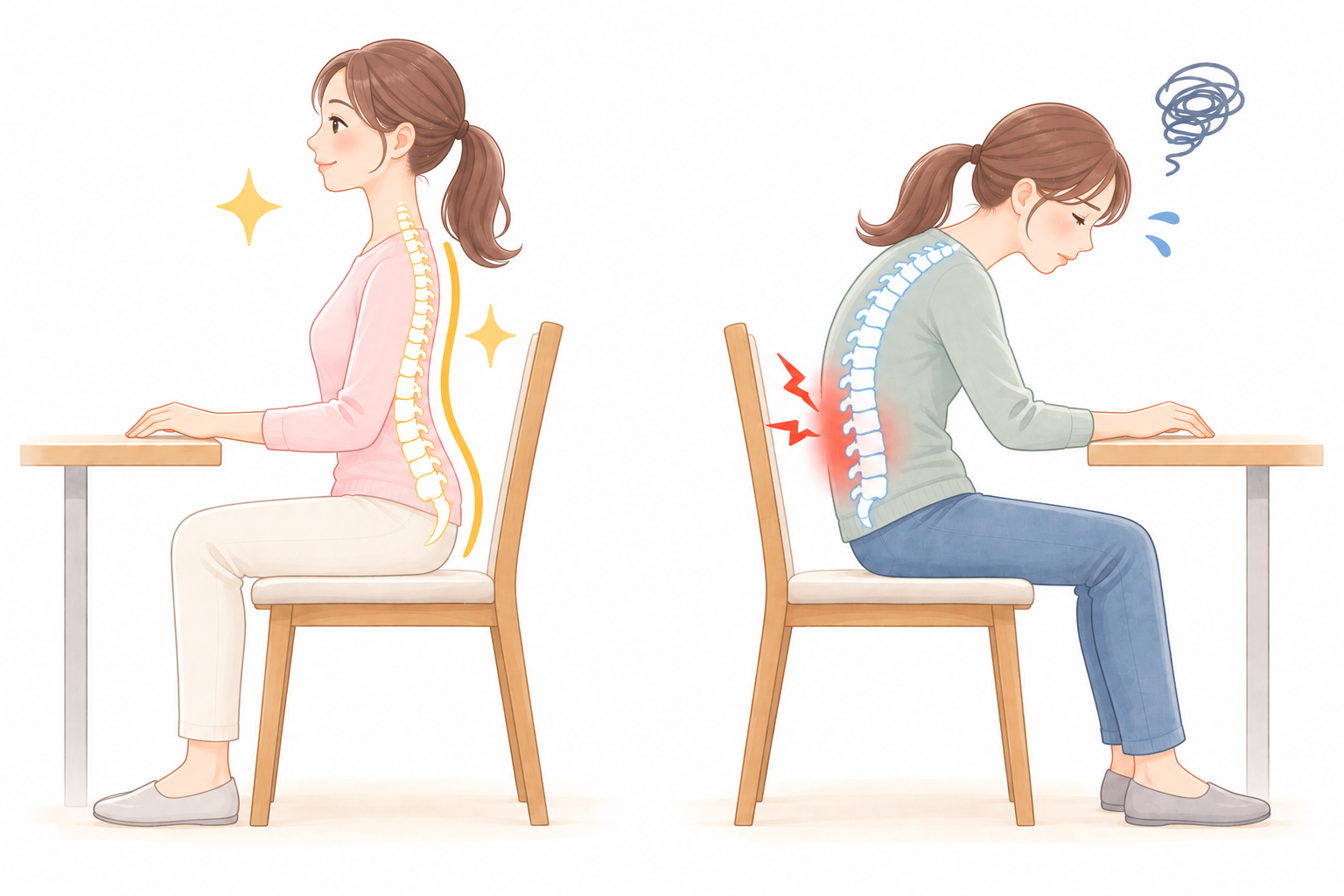 正しい座り姿勢とデスクワークで崩れた座り姿勢の比較イラスト